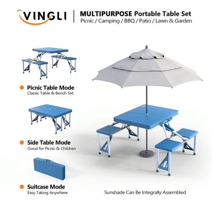 4 Ft Portable Folding Camping Picnic Table Set with 4 Seats & Umbrella Hole