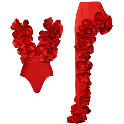 Solid Red Flower One-piece Swimsuit