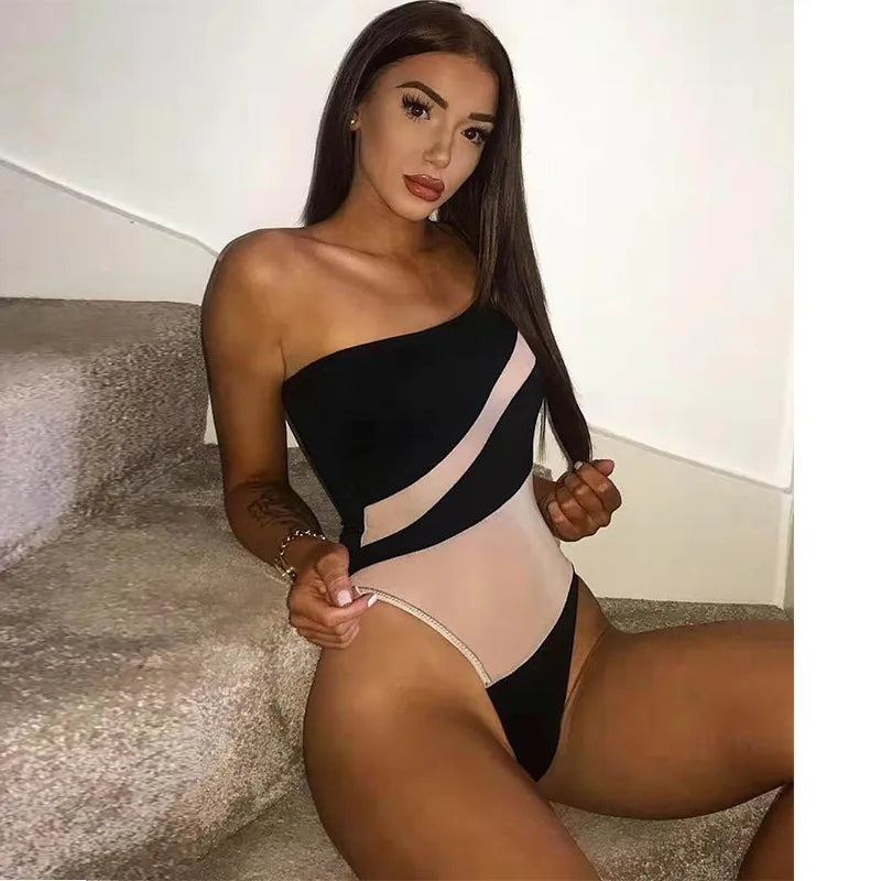 Women's One-Shoulder Mesh Spliced One-Piece Swimsuit