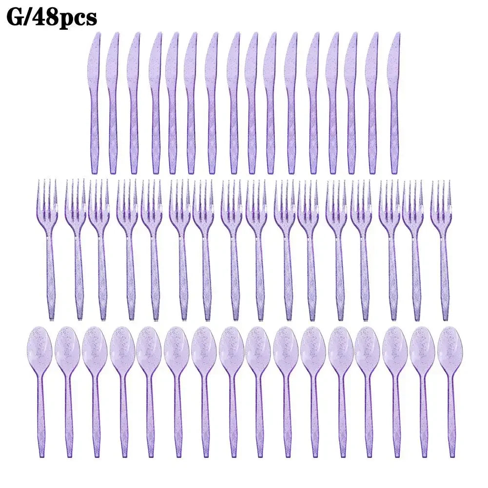 48-Piece Pastel Plastic Cutlery Set - Reusable Spoons, Forks & Knives