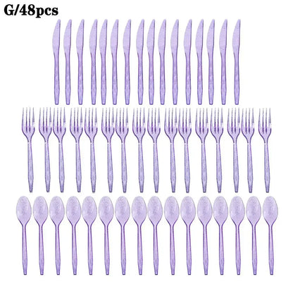 48-Piece Pastel Plastic Cutlery Set - Reusable Spoons, Forks & Knives