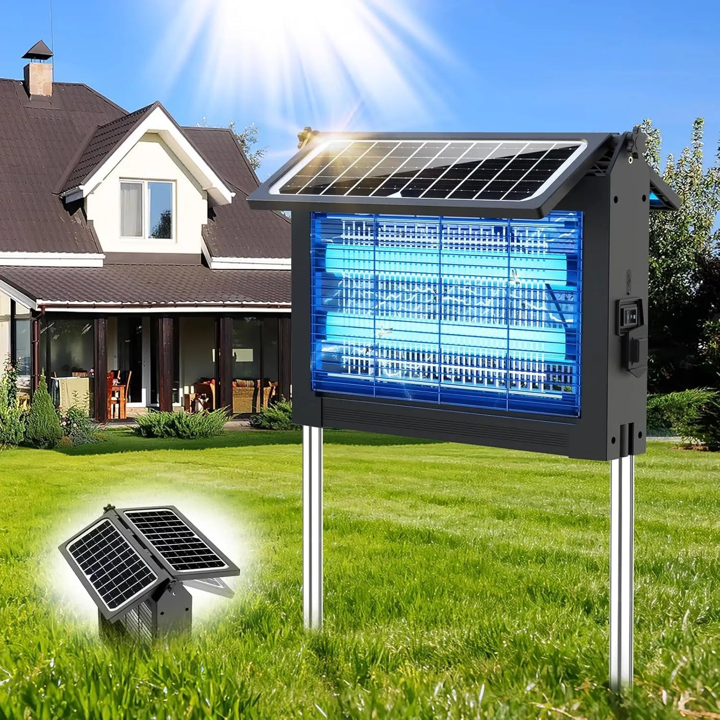 Outdoor Solar Bug Zapper with Dual Solar Panels & USB Charging