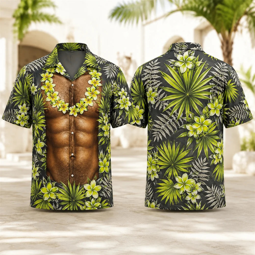 Men's Tropical Hawaiian Shirt - Muscle Print Novelty Short Sleeve Button Down Beach Resort Shirt