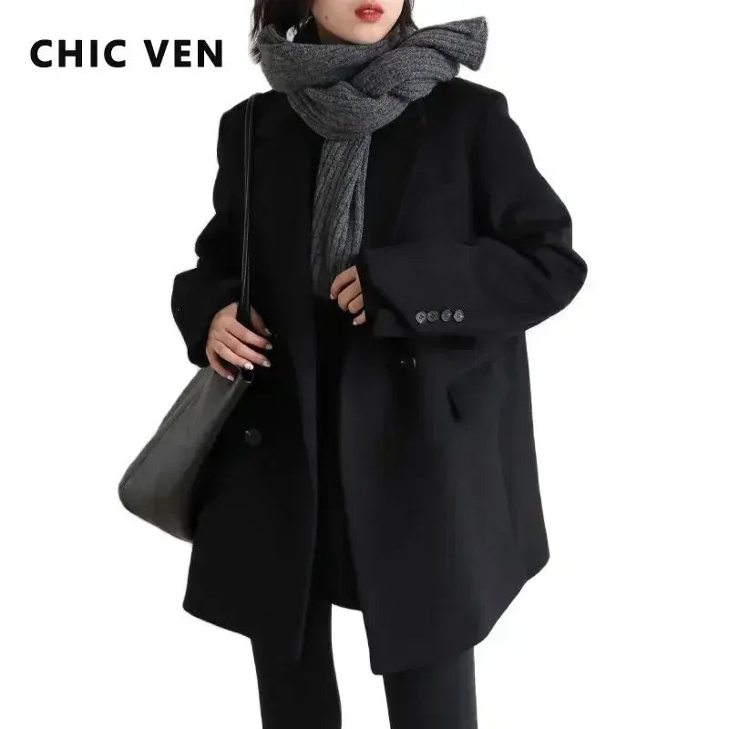 CHIC VEN Women's Elegant Mid-Long Wool Blend Overcoat