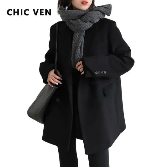 CHIC VEN Women's Elegant Mid-Long Wool Blend Overcoat