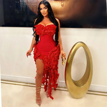 Women's Strapless Ruffle Tassel Irregular Maxi Evening Dress