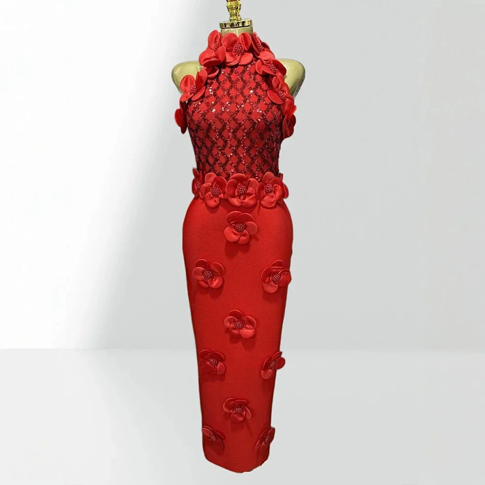 Glamorous Sequined 3D Flower Halter Bodycon Evening Gown