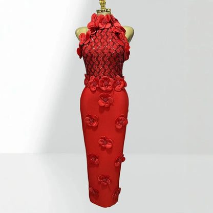 Glamorous Sequined 3D Flower Halter Bodycon Evening Gown