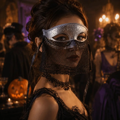 Retro Venetian Half-Face Mask with Veil for Masquerade & Costumes