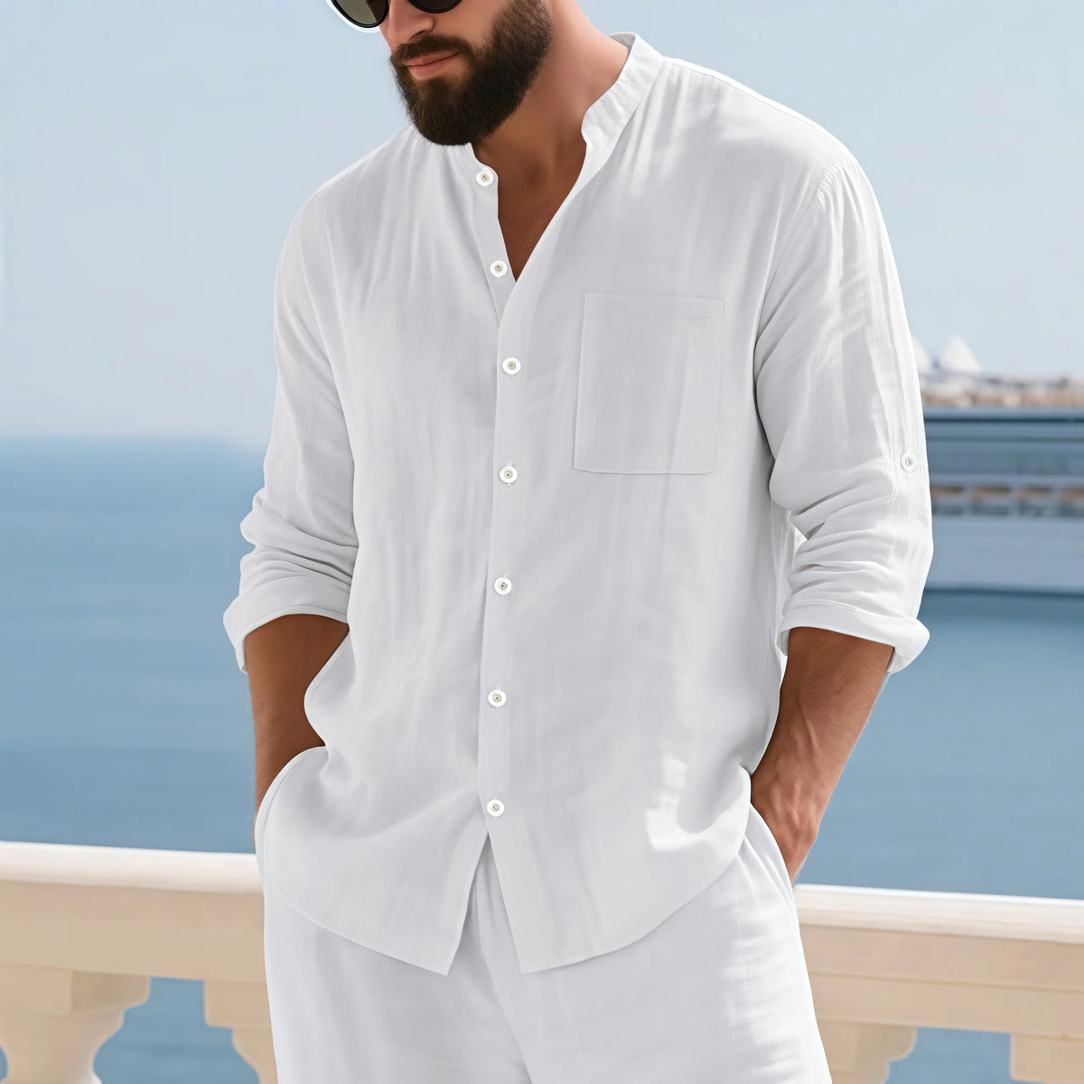 Men's White Linen Button-Down Mandarin Collar Vacation Shirt