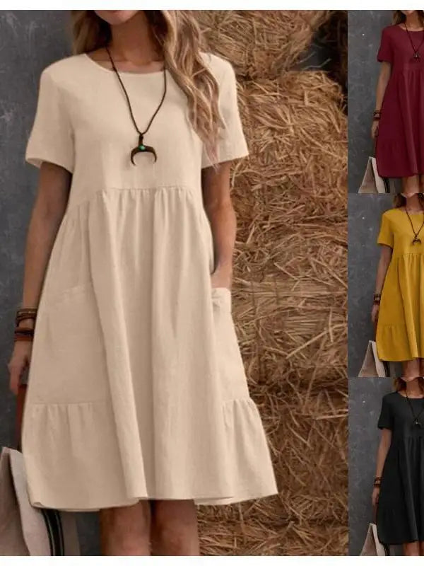 Women's Round Neck 100% Linen Loose Fit Summer Midi Dress with Pockets