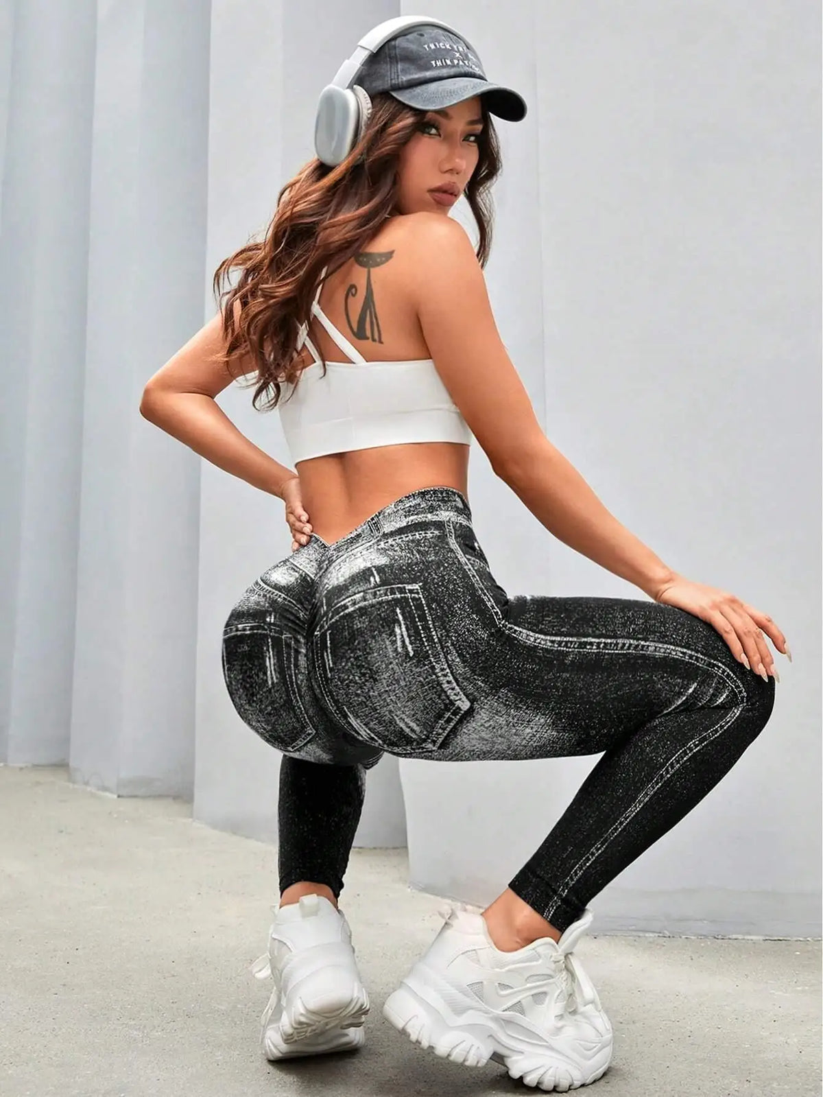 Women's V-Back High-Waisted Faux Denim Jeggings – Tummy Control & Booty Lifting
