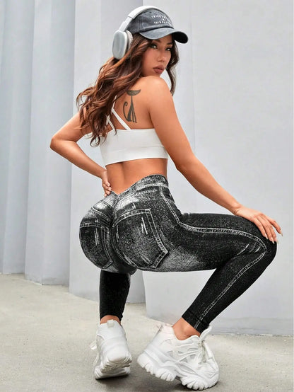 Women's V-Back High-Waisted Faux Denim Jeggings – Tummy Control & Booty Lifting