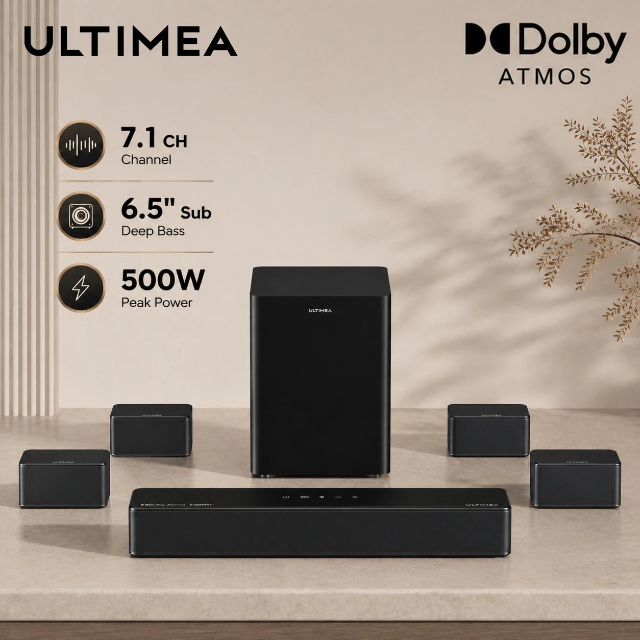 ULTIMEA Poseidon D80 Boom 7.1 Channel Dolby Atmos Soundbar - 500W Home Theater System with Wireless Subwoofer & Surround Speakers