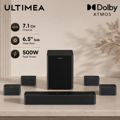 ULTIMEA Poseidon D80 Boom 7.1 Channel Dolby Atmos Soundbar - 500W Home Theater System with Wireless Subwoofer & Surround Speakers