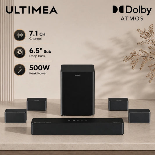 ULTIMEA Poseidon D80 Boom 7.1 Channel Dolby Atmos Soundbar - 500W Home Theater System with Wireless Subwoofer & Surround Speakers