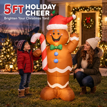 Giant 5FT Christmas Inflatable Gingerbread Man Decoration with Candy Cane & LED Lights