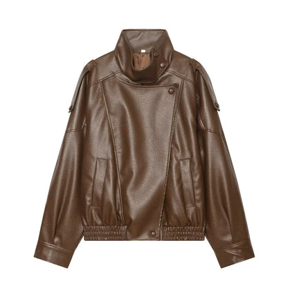 Women's Black Faux Leather Motorcycle Jacket – Long Sleeve Casual Coat