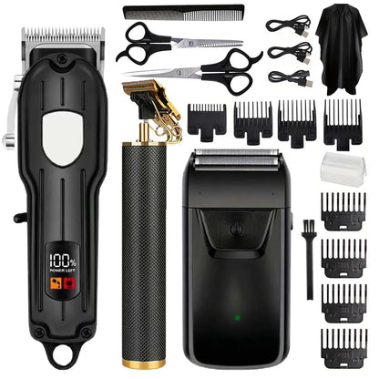 Professional Cordless Hair Clipper & Trimmer Set – USB Rechargeable Grooming Kit with LCD Display