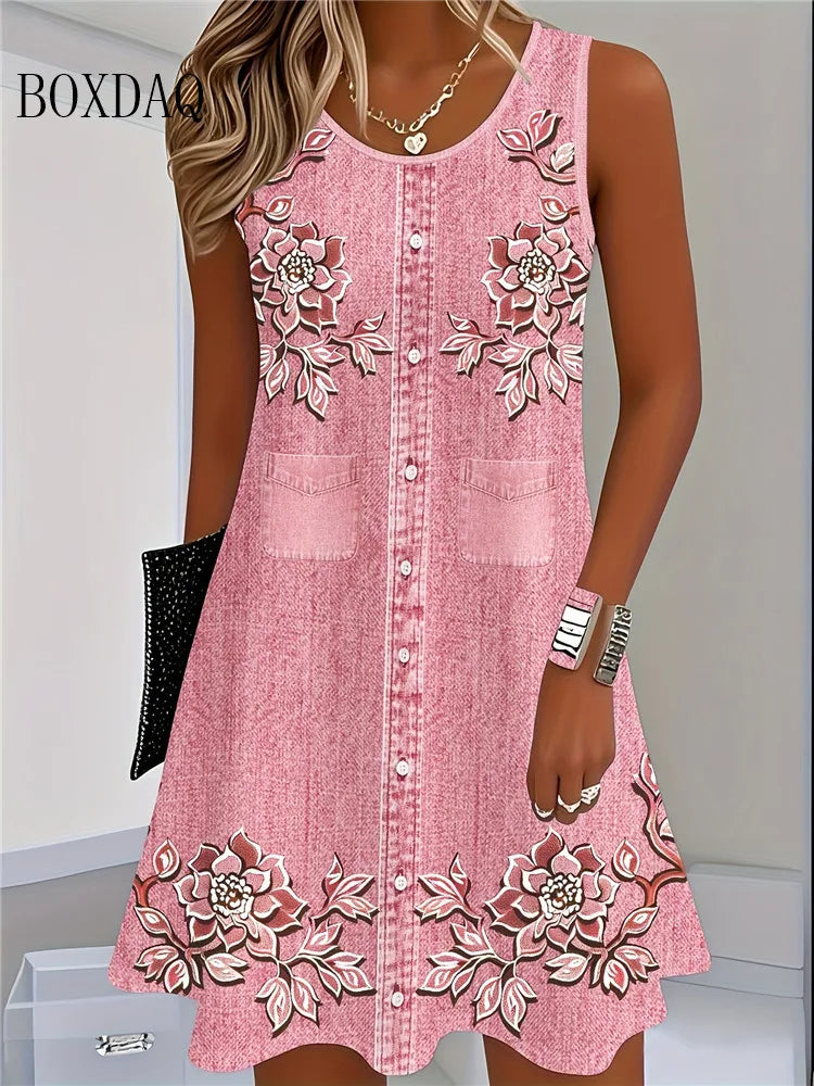 Women's Denim-Look Floral Print Sleeveless Tank Dress