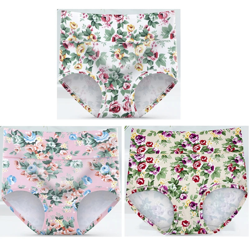 3-Pack Women's Floral Print High-Waisted Briefs - Plus Size Breathable Cotton Panties