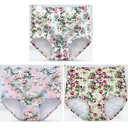 3-Pack Women's Floral Print High-Waisted Briefs - Plus Size Breathable Cotton Panties