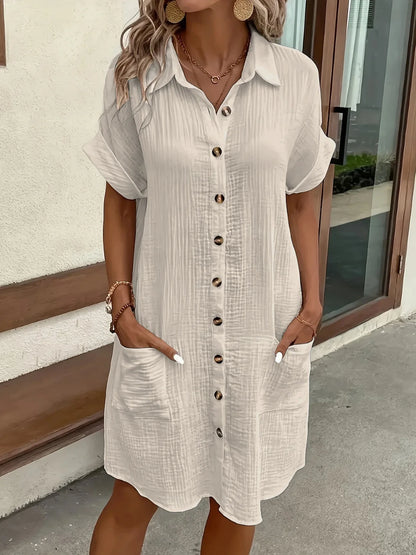 V-Neck Single-Breasted Mini Dress - Casual Loose Fit Short Sleeve Summer Dress