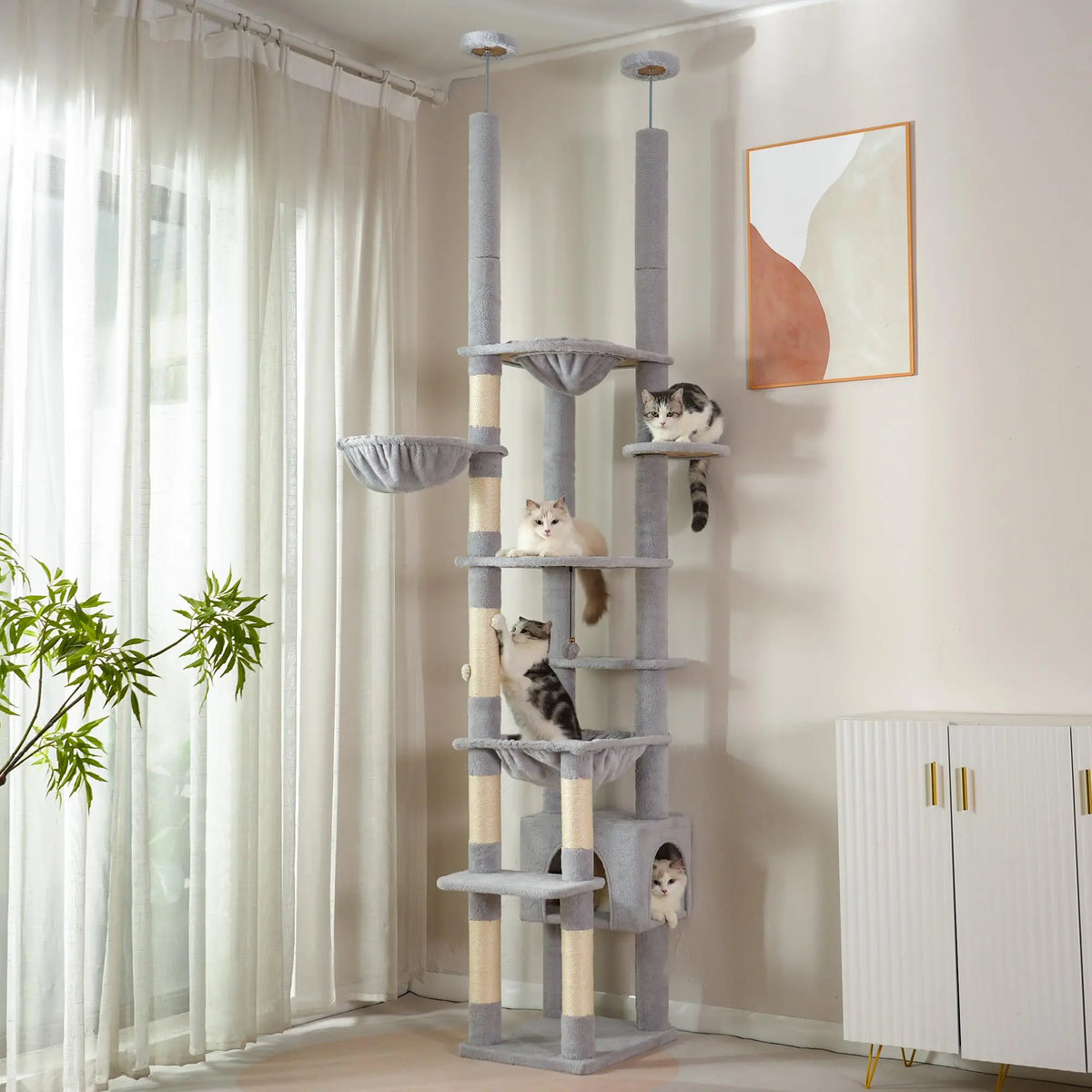 Floor-to-Ceiling Adjustable Cat Tree Tower with Sisal Scratching Posts & Condo