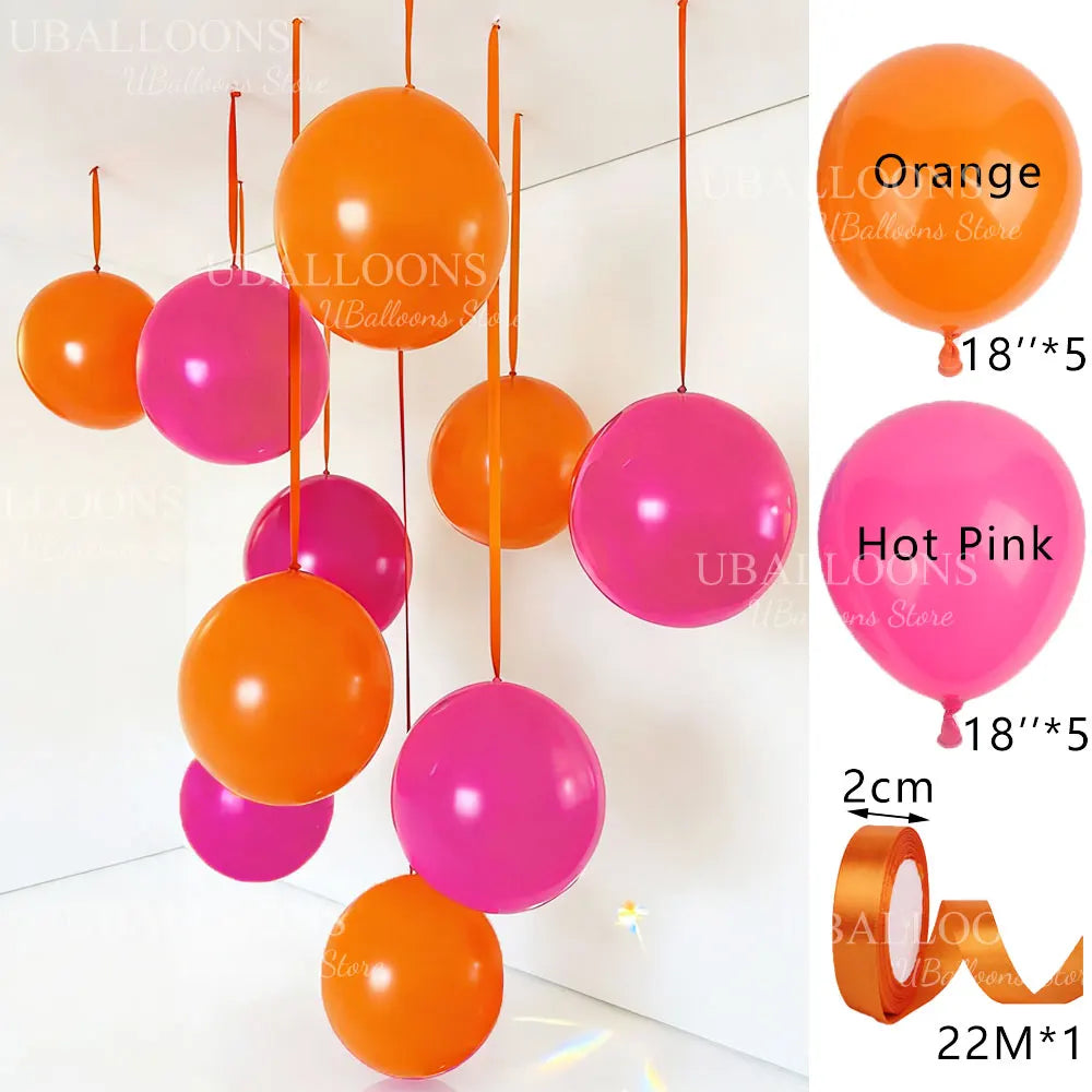 10-Pack 18" Orange & Hot Pink Party Balloons with Satin Ribbons