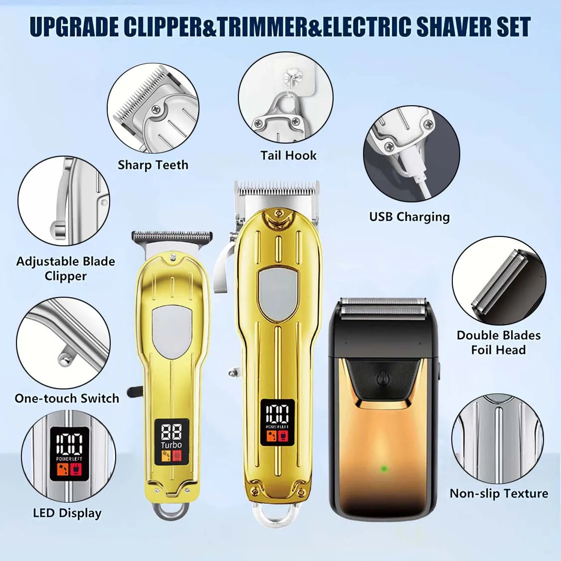 Professional 3-in-1 Hair Clipper & Trimmer Set – Cordless Grooming Kit with LCD Display