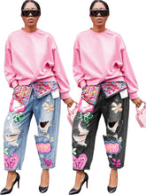 D8685  Fashion Print Loose Fit Distressed Jeans