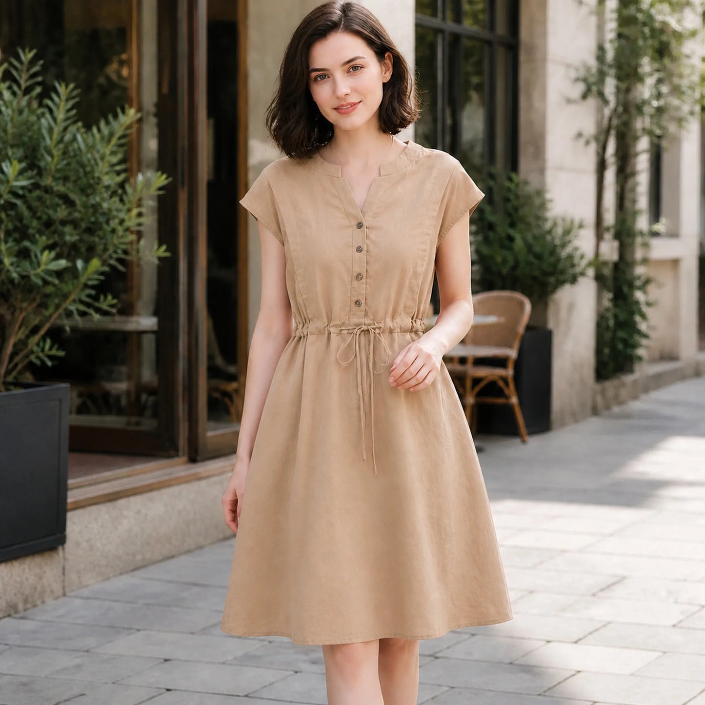 Women's Summer Cotton Linen Short Sleeve Button-Down A-Line Dress