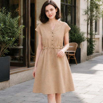 Women's Summer Cotton Linen Short Sleeve Button-Down A-Line Dress
