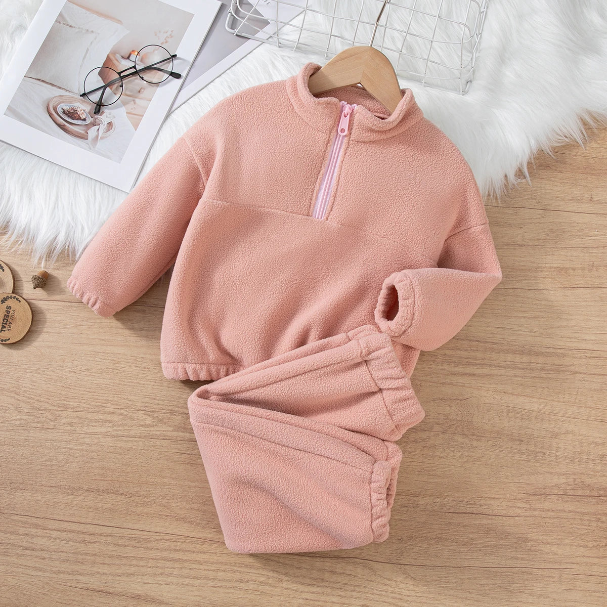 Girls Winter Casual Fleece Thick Zippered Top and Pants Sets