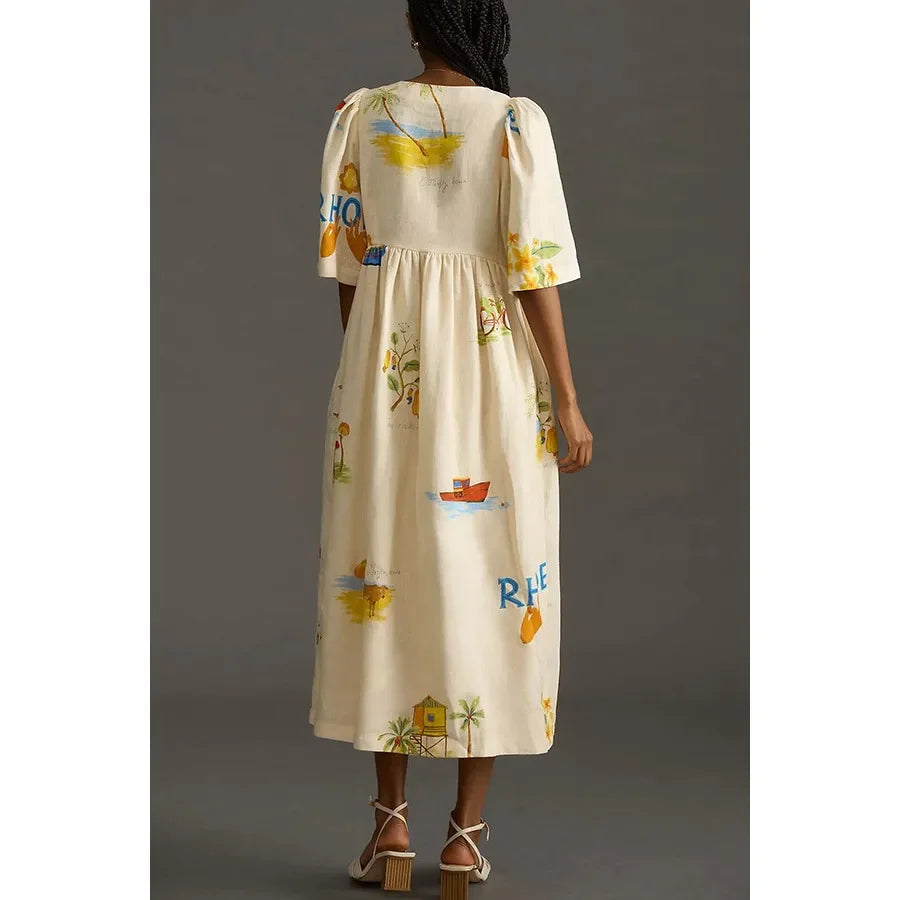 Women's Boho Printed V-Neck Puff Sleeve Loose Vacation Maxi Dress