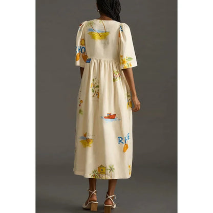 Women's Boho Printed V-Neck Puff Sleeve Loose Vacation Maxi Dress