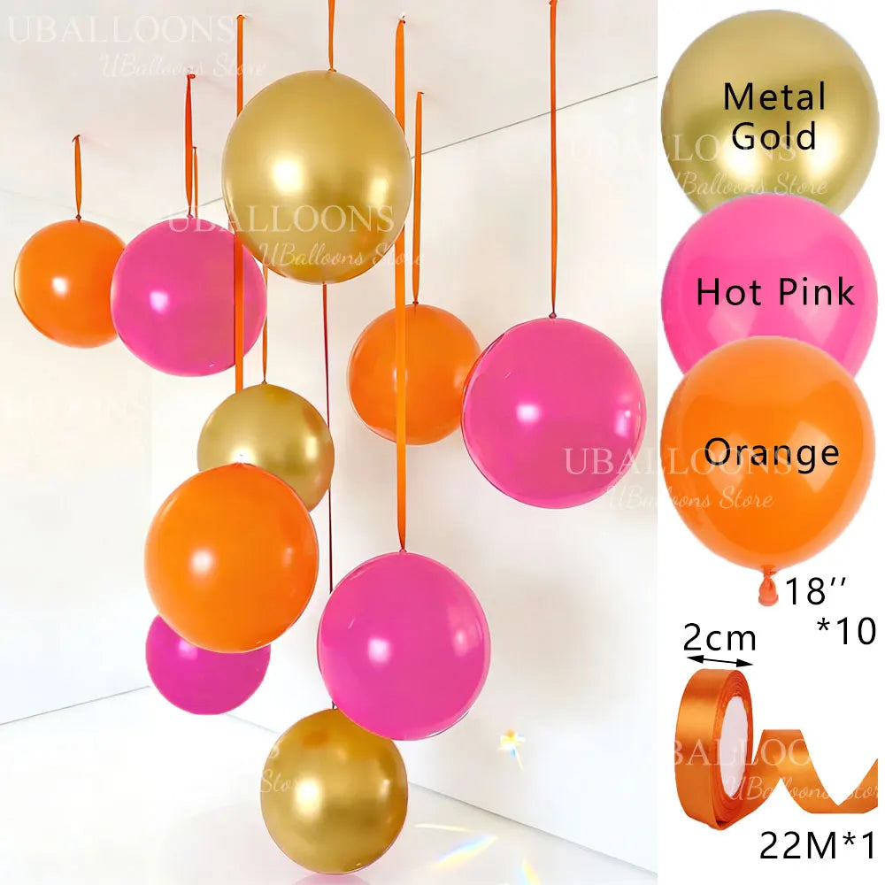 10-Pack 18" Orange & Hot Pink Party Balloons with Satin Ribbons