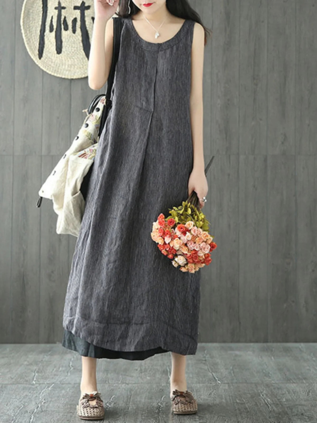 Vintage Striped Cotton Linen Sleeveless Midi Dress with Pockets