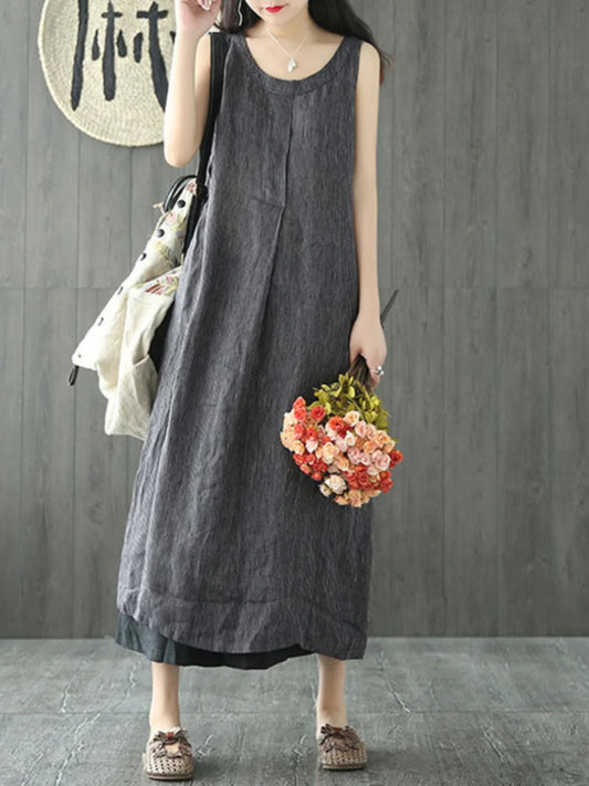 Vintage Striped Cotton Linen Sleeveless Midi Dress with Pockets