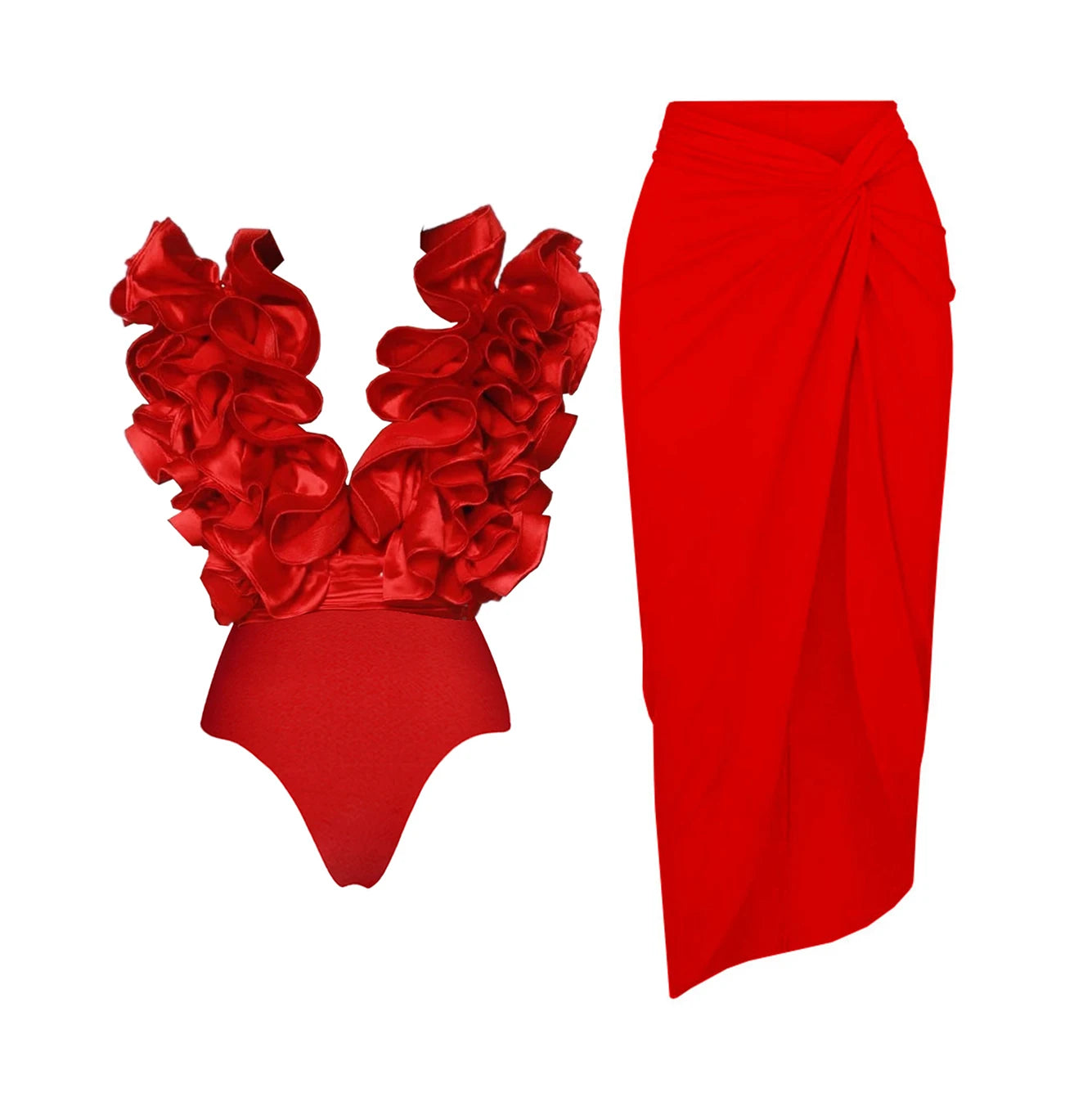 Solid Red Flower One-piece Swimsuit
