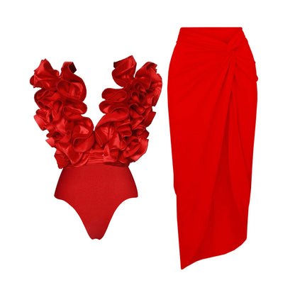 Solid Red Flower One-piece Swimsuit