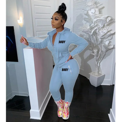 Body Letter Piece Zipper Fly Hoodie and Pants Set