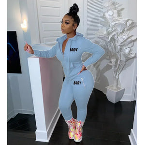 Body Letter Piece Zipper Fly Hoodie and Pants Set