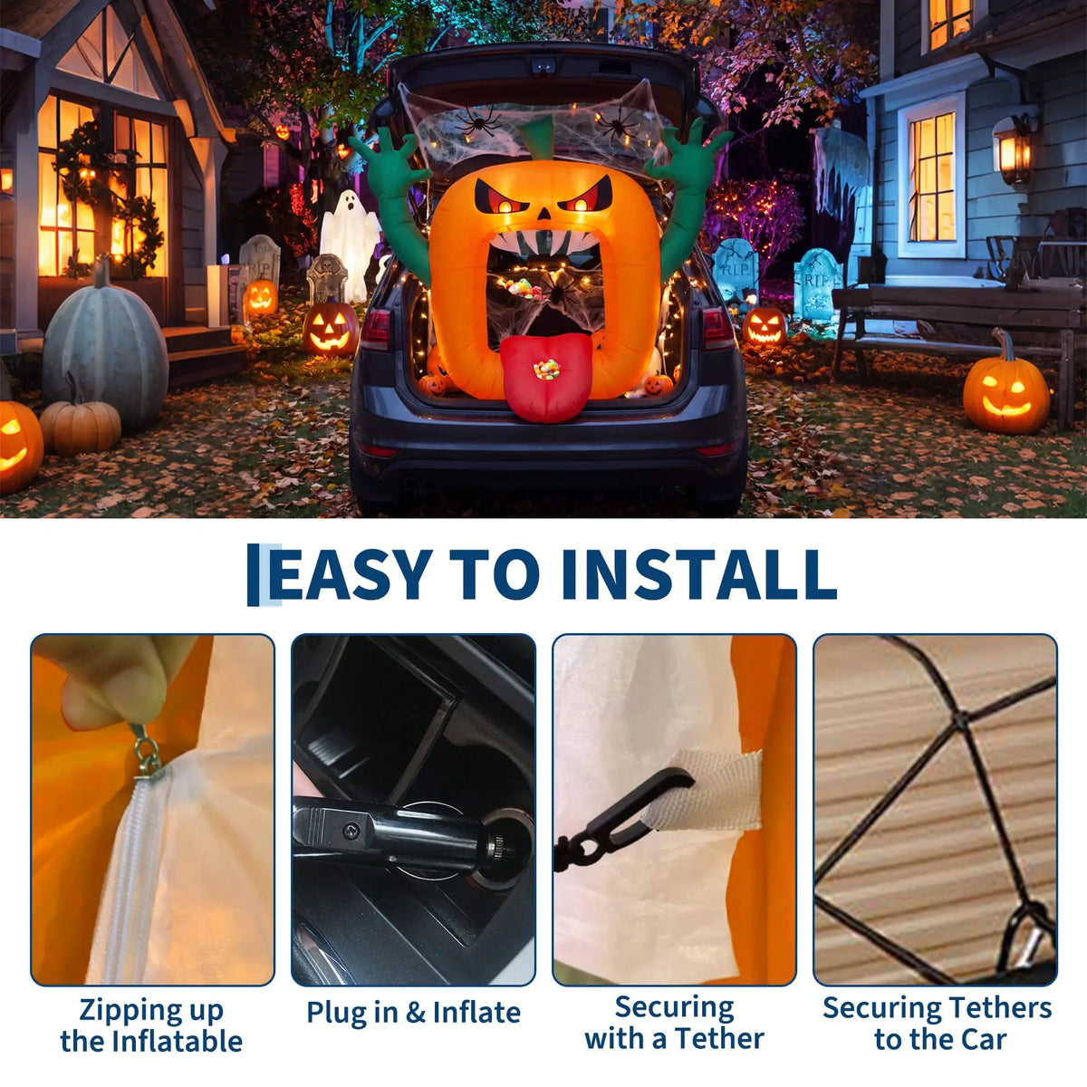 6FT Halloween Inflatable Pumpkin Trunk Or Treat Car Decoration With LED Lights