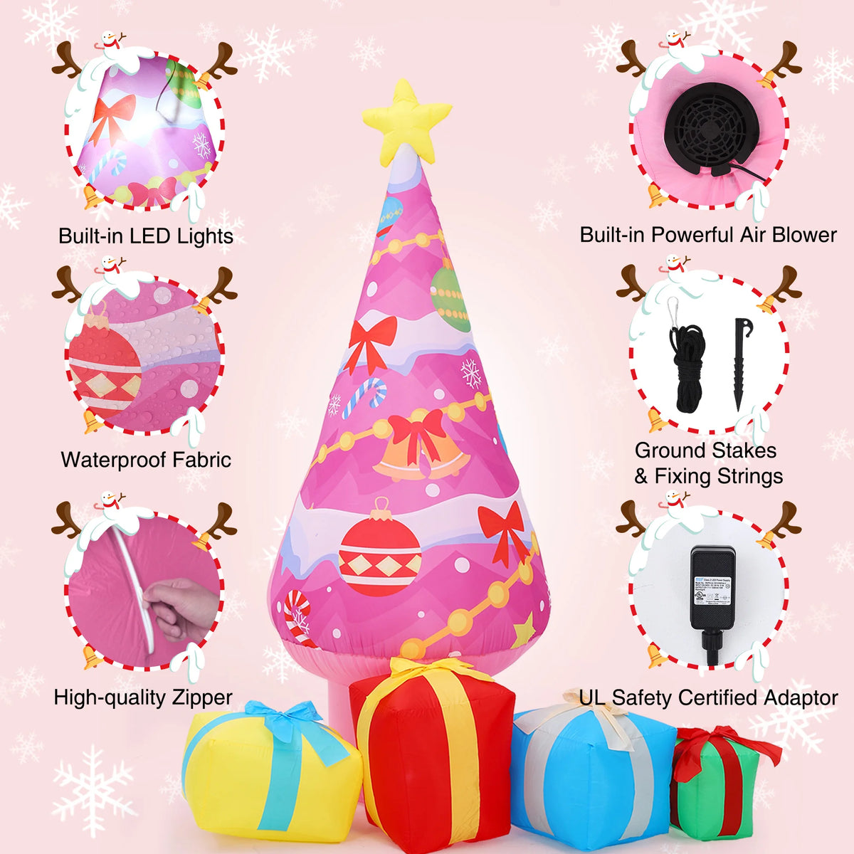 7FT Inflatable Pink Christmas Tree with LED Lights & Gift Boxes
