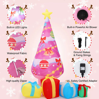 7FT Inflatable Pink Christmas Tree with LED Lights & Gift Boxes