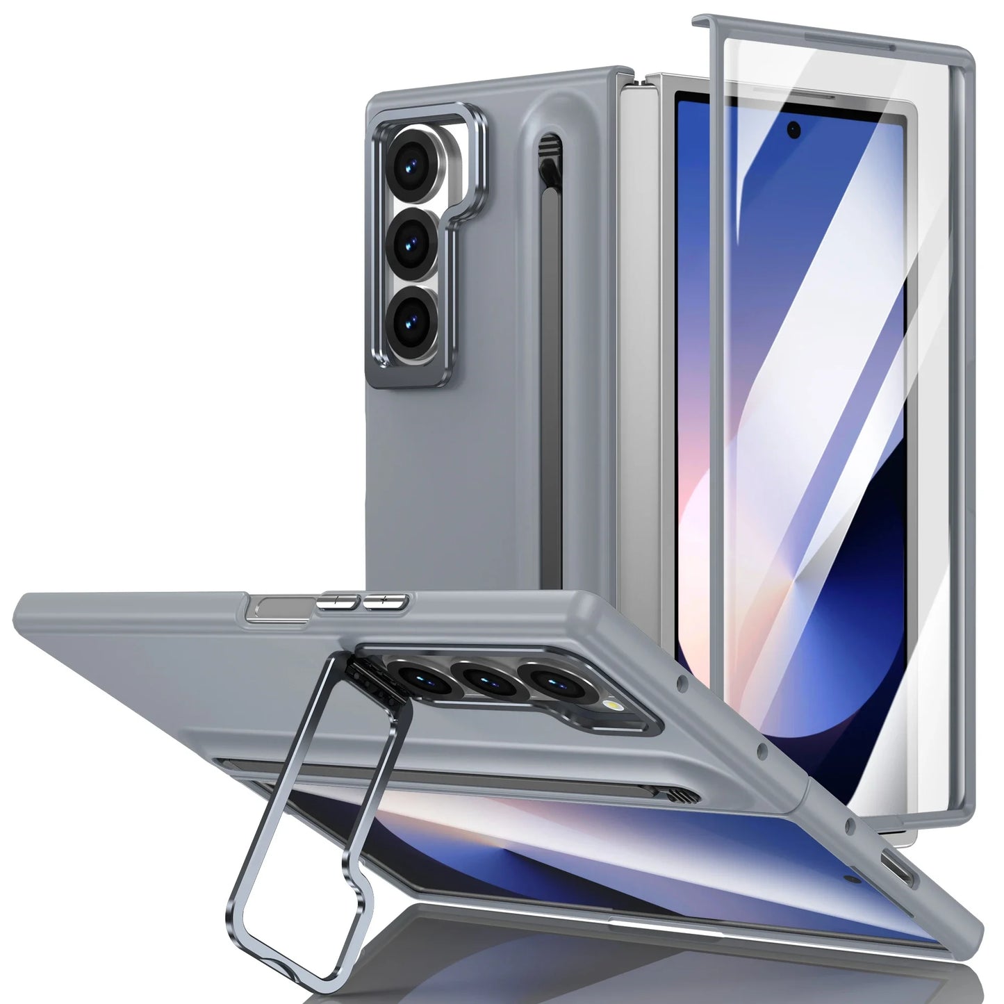 Samsung Galaxy Z Fold Metal Lens Stand Case with S Pen Holder & Tempered Glass Screen Protector