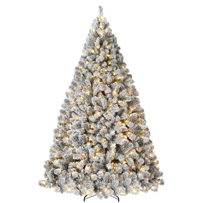 6FT/7.5FT Flocked Artificial Christmas Tree with Snowy Warm White LED Lights - Hinged Fraser Fir Holiday Decor