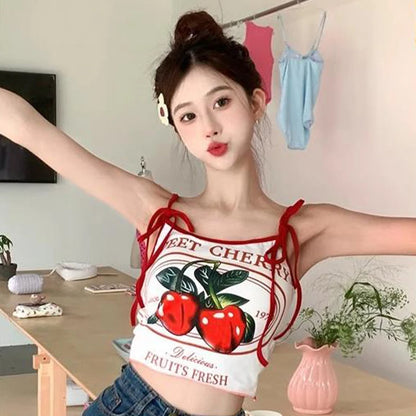Cherry Print Crop Tank Top - Slim Fit Bow Camisole