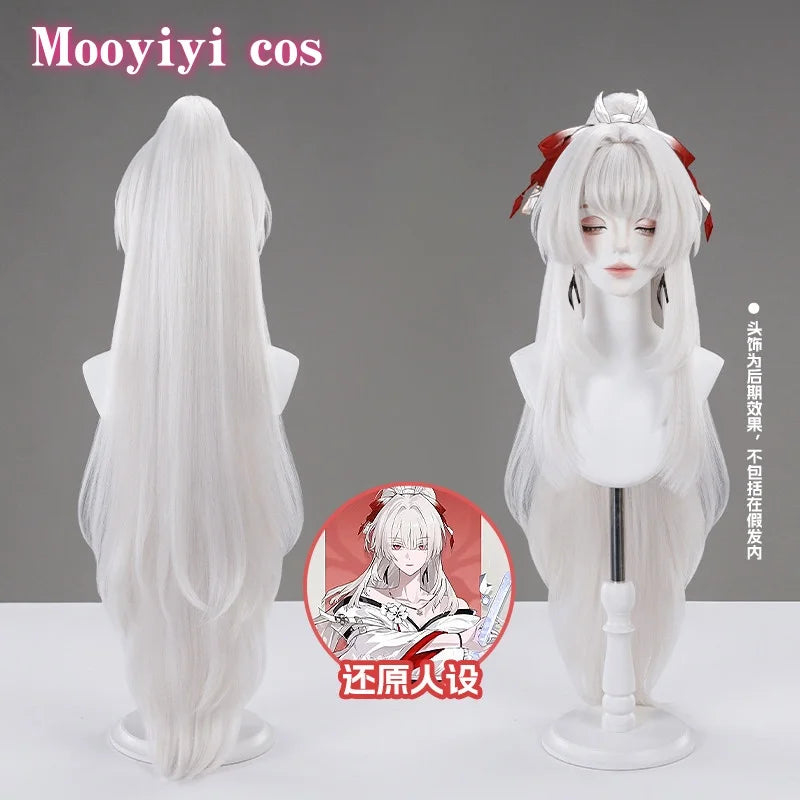 Game Wuthering Waves Hiyuki Cosplay Wig Set - Long White Styled Hair with Red Ribbon Accents